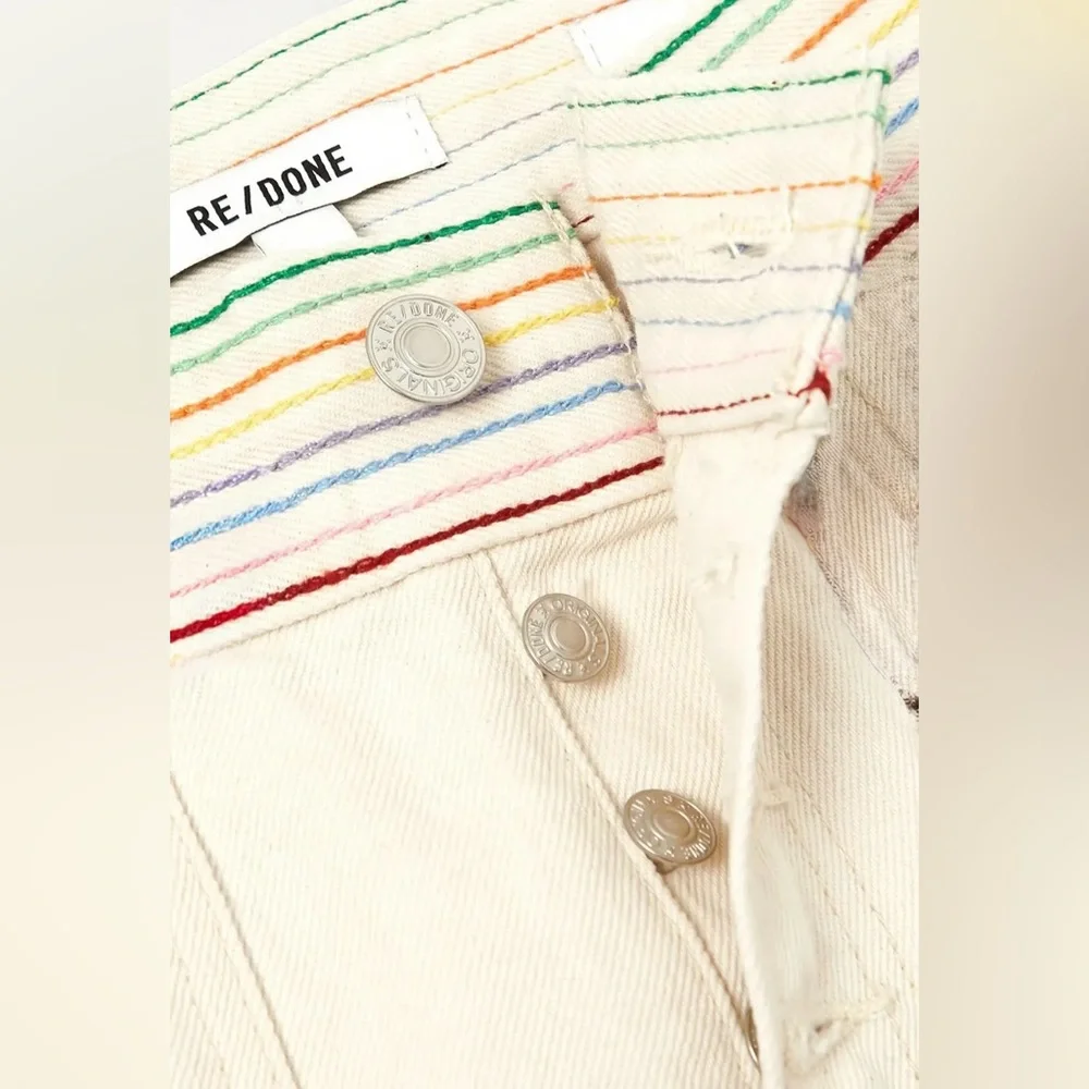 REDONE Blanca Miró Stove Pipe Embroidered High Rise Straight Jeans Cream Size 27